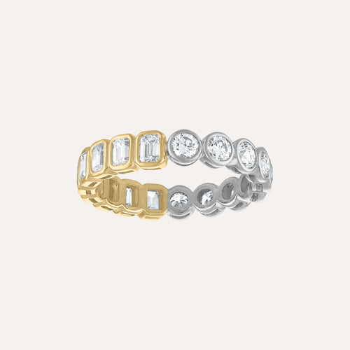 Anillo Eternity Mini Bisel de Diamantes Corte Esmeralda y Redondo - Dos tonos