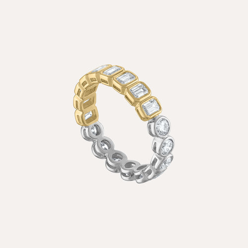 Anillo Eternity Mini Bisel de Diamantes Corte Esmeralda y Redondo - Dos tonos