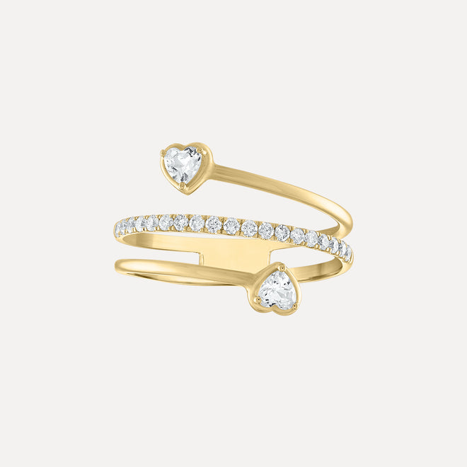 Anillo en Espiral con Dos Corazones y Diamantes